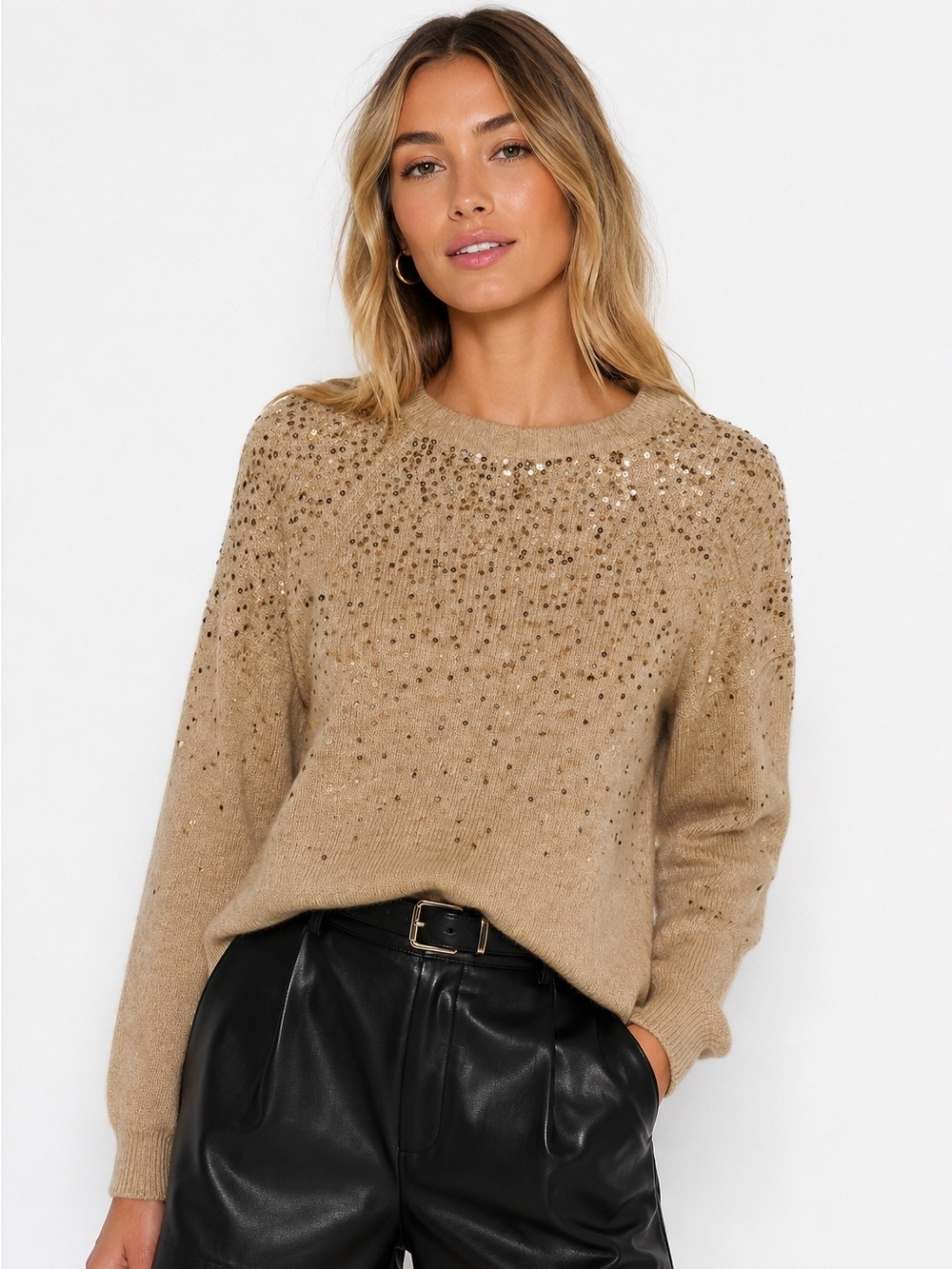 Vince Camuto Cozy Crewneck Sequined Raglan-Sleeve Sweater in Tan Size S